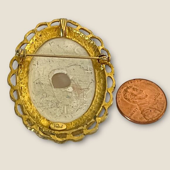 Vintage HOBE Floral Porcelain Brooch Gold Tone - Picture 4 of 4